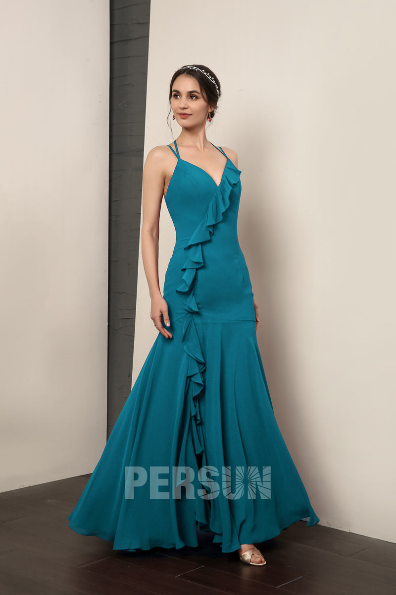 Robe de soirée fourreau mousseline à volants