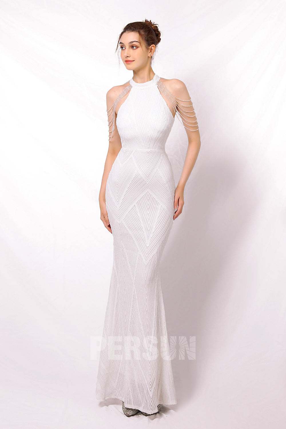 Robe de soirée sirène col halter à franges en sequins scintillante