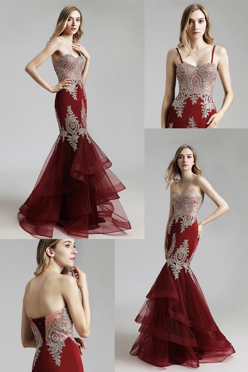robe de soirée bordeaux sirène bustier coeur en dentelle appliquée dorée 