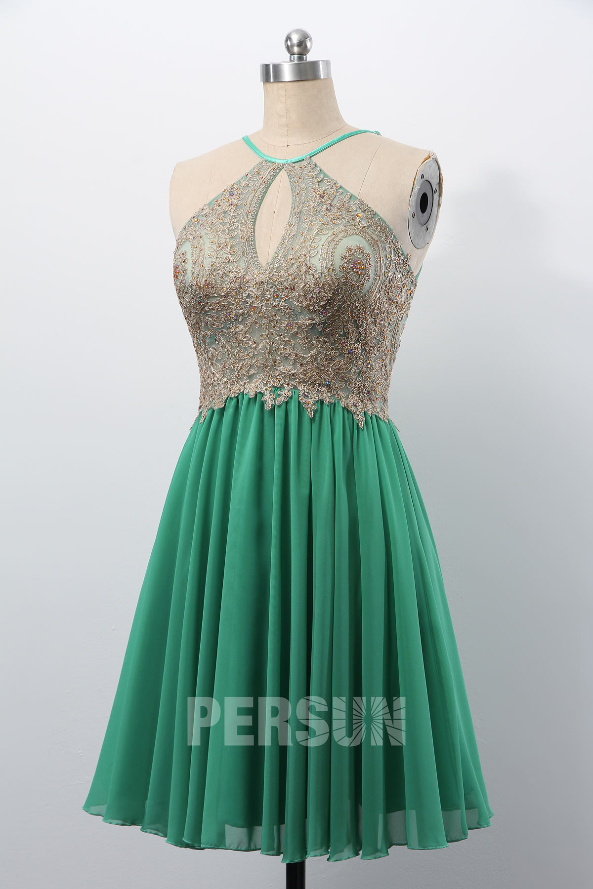 Robe de cocktail verte sexy découpe goutte d'eau haut brodé