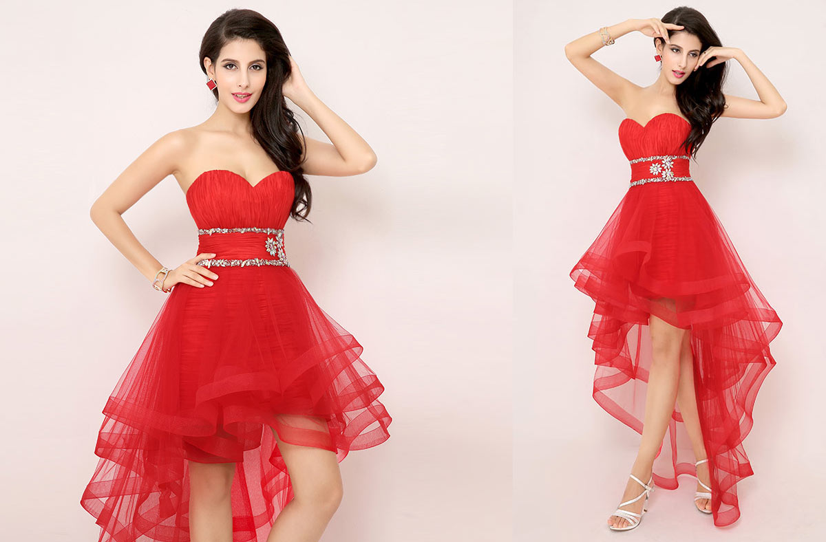 robe de cocktail courte devant longue derrière rouge plissé taille embelli de strass jupe volant