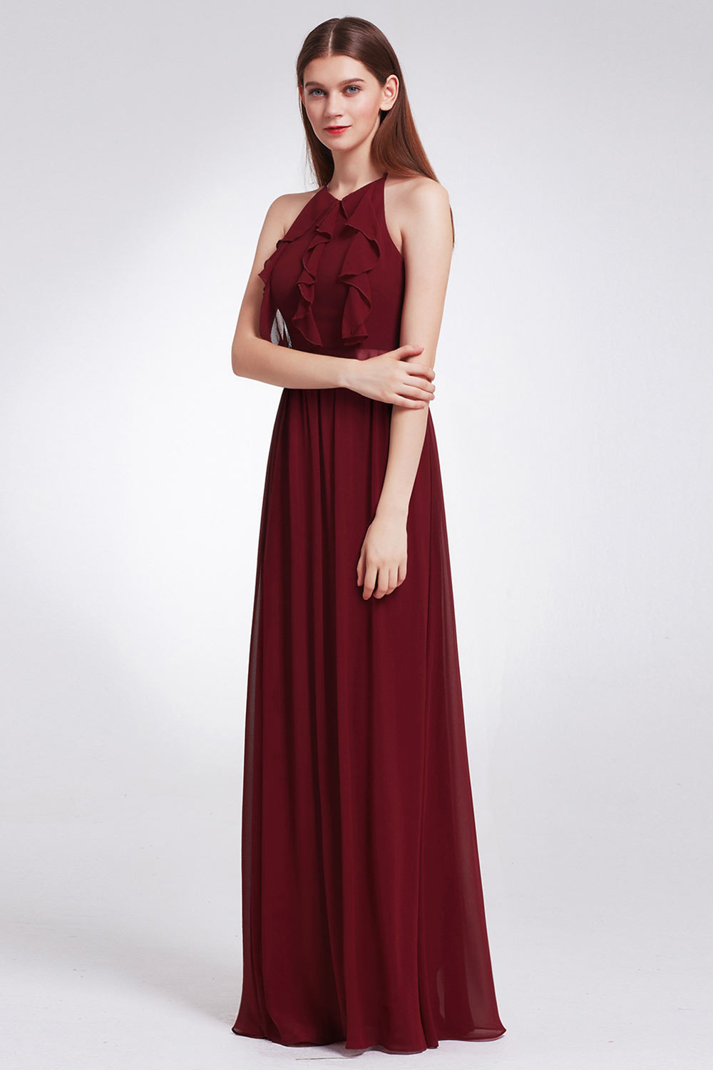 Robe de soirée bordeaux bustier froufrou pour cortège mariage