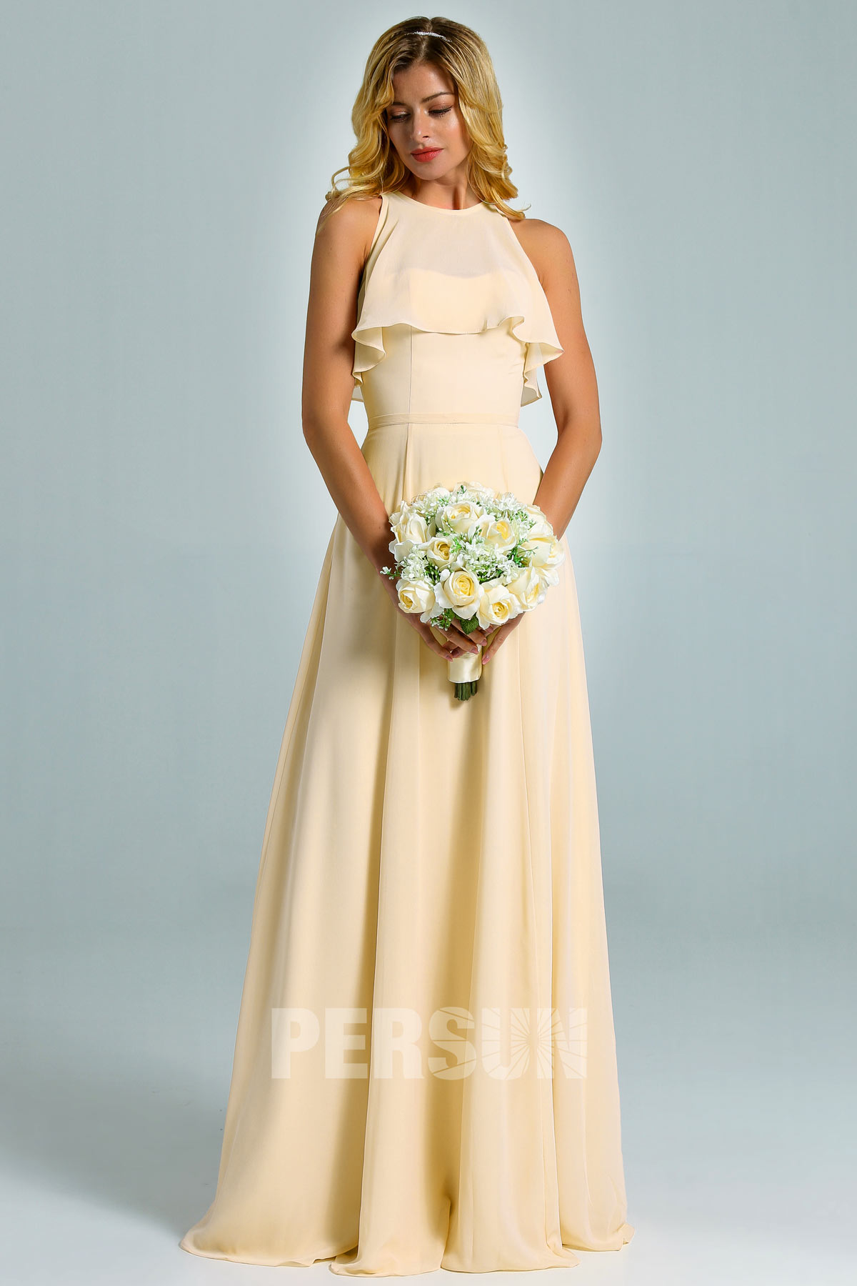 robe demoiselle d'honneur longue jaune simple bustier à volant 