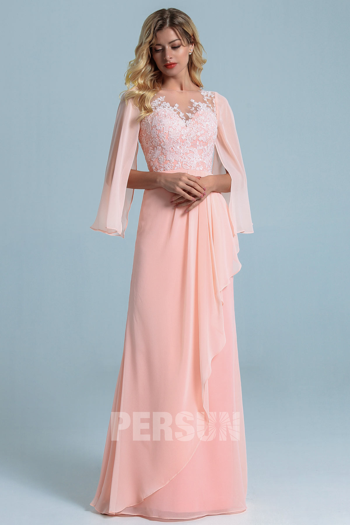 Robe longue rose perle haut en dentelle appliquée avec manche longue