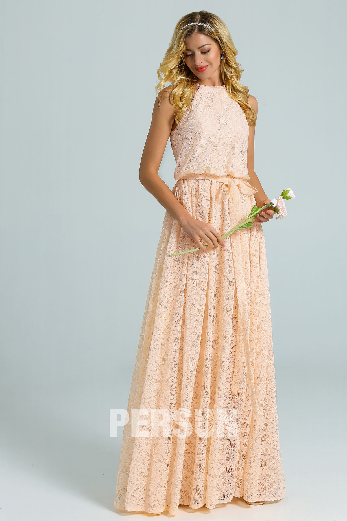 Robe dentelle décontractée couleur nude col américain