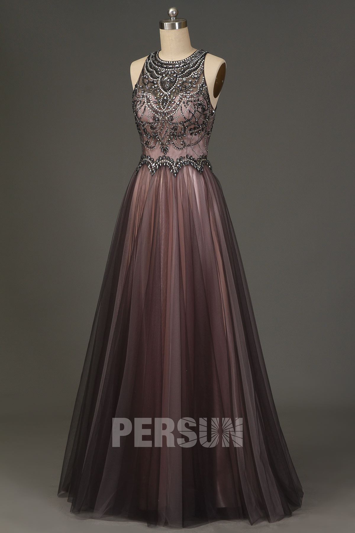robe de cocktail longue grise rose col illusion embelli de strass