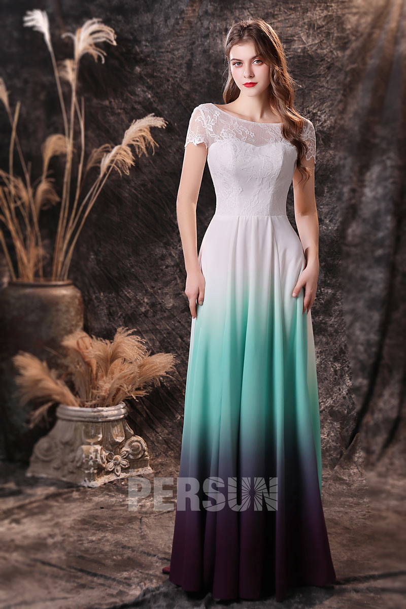 robe de cocktail longue tricolore dégradé 2021 haut dentelle manche courte