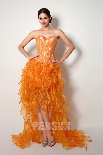 Robe orange bustier coeur courte devant longue derrière jupe fantaisie