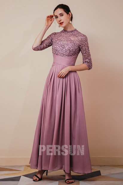 Robe de soirée parme à manches longues avec appliques & strass