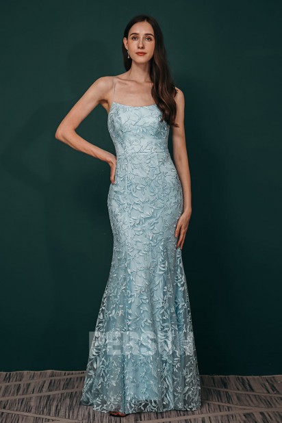 Robe de soirée vintage longue en dentelle bleu clair