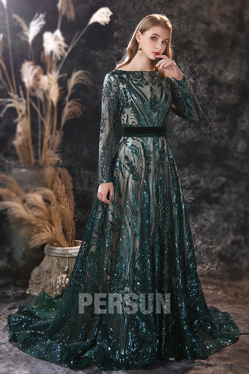 Elégante robe de soirée en dentelle pailletée vert foncé à manche longue
