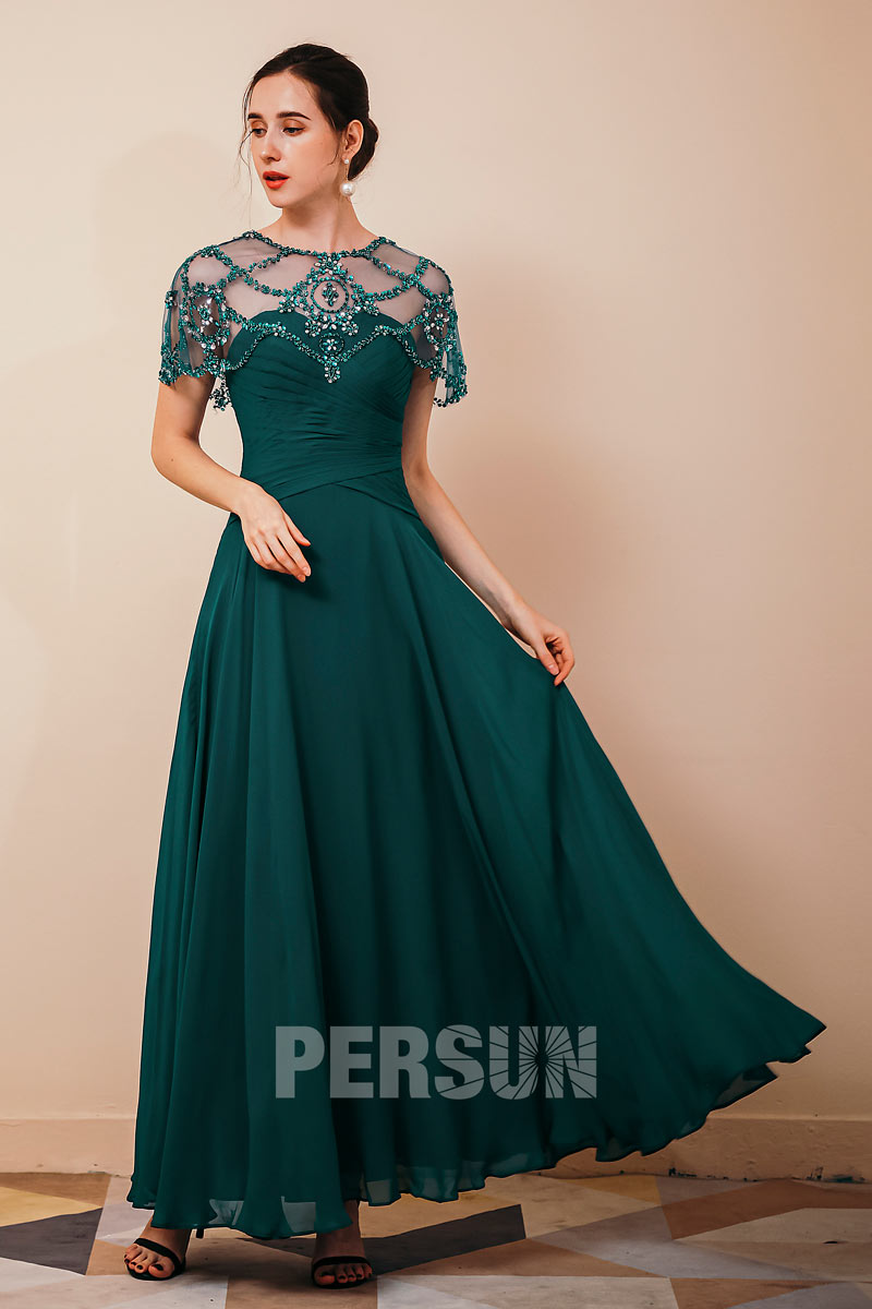 Robe de soirée marraine verte bustier avec cape ornée de strass