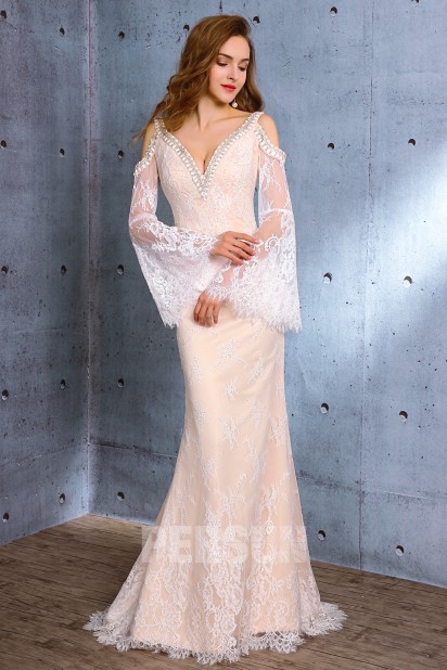 Sexy Robe de mariée en dentelle épaules dénudées manches évasées