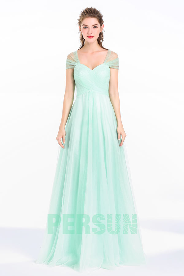robe de cocktail longue vert menthe simple bustier coeur mancheron transparente
