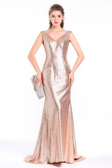robe de soirée sirène col en V champagne doré