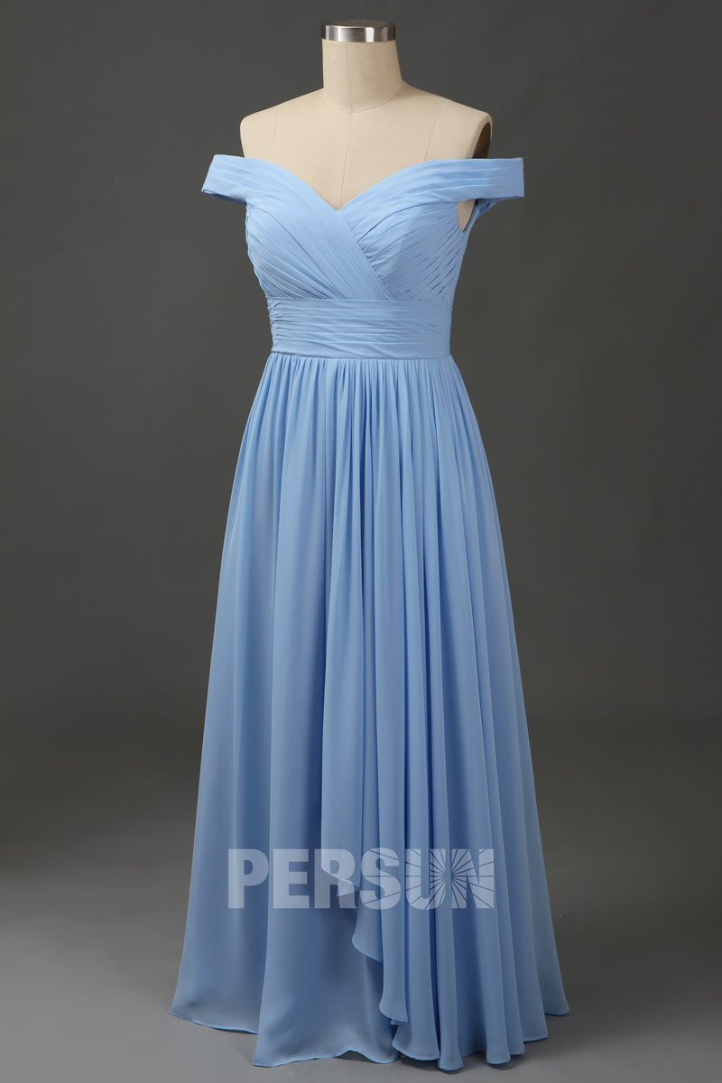 robe de soirée bleu azur longue épaule dénudée à jupe cascade