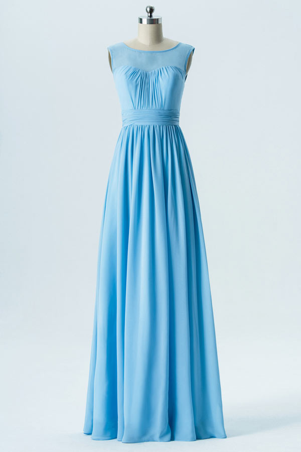 robe demoiselle d'honneur longue simple bleu ciel col illusion