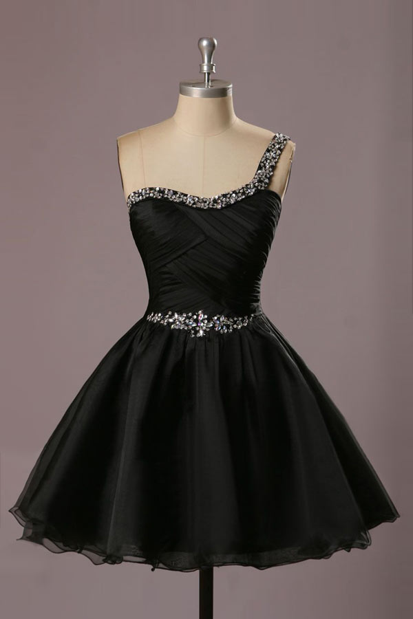 Robe bal courte asymétrique noire ornée de strass à jupe évasée