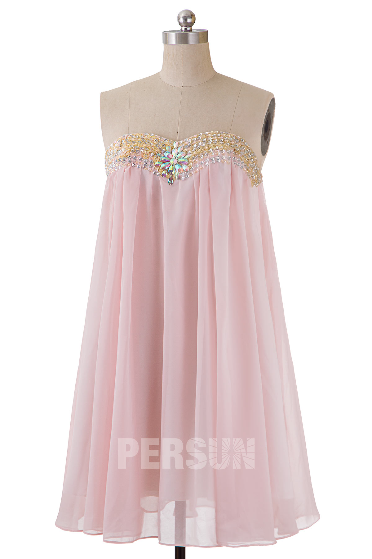 robe babydoll rose pâle courte bustier coeur ornée de strass