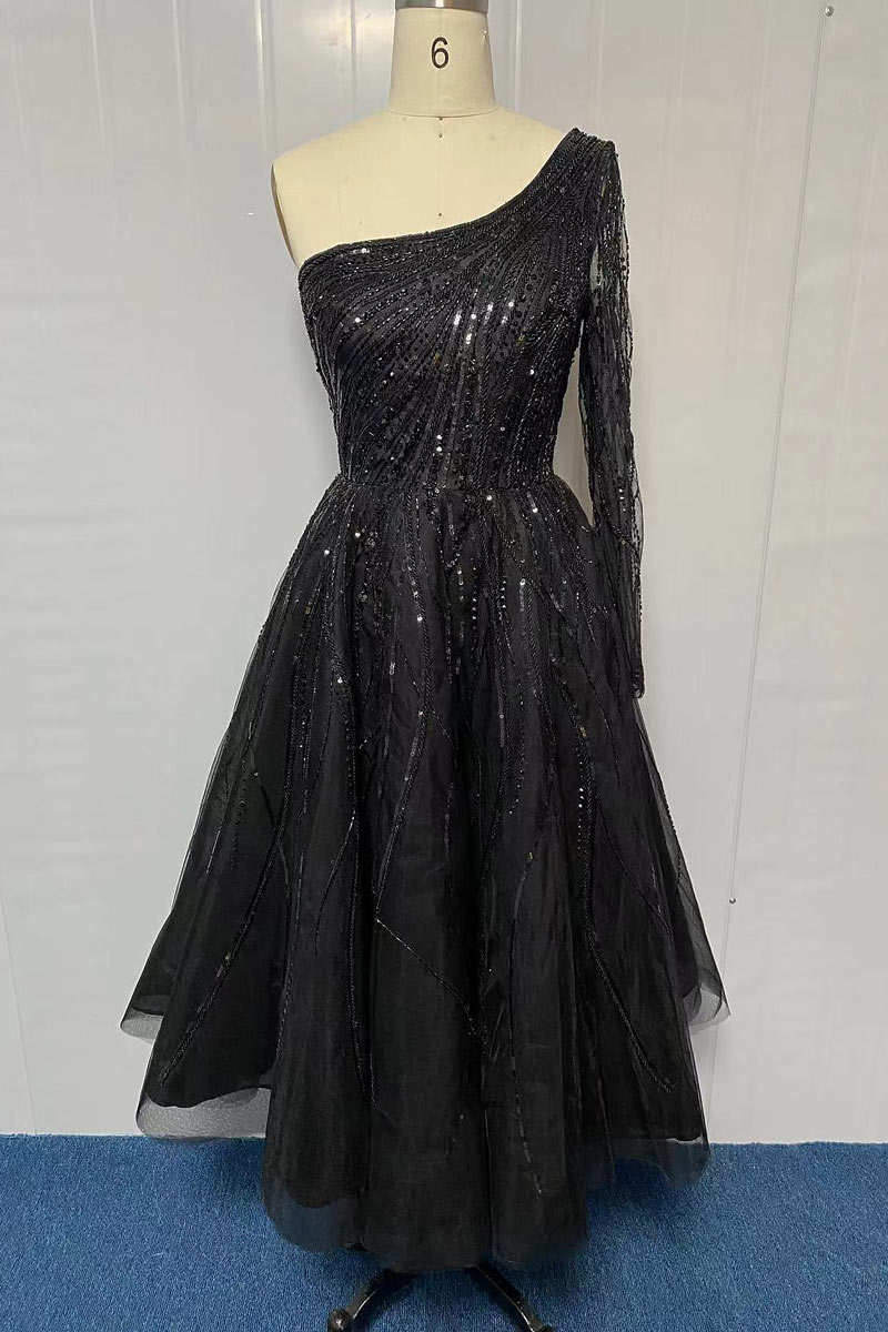 Robe de soirée encolure asymétrique mi longue au mollet