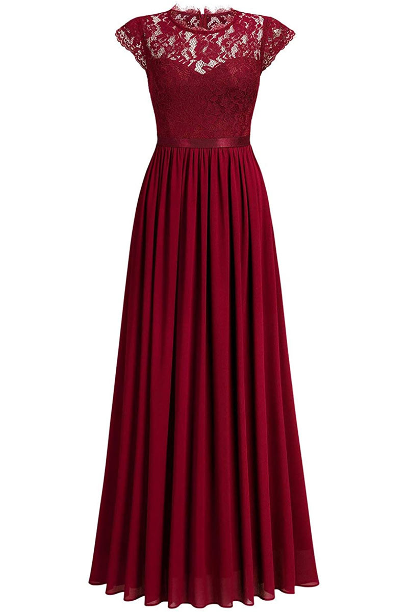 robe de cocktail bordeaux longue col illusion en dentelle à mancherons