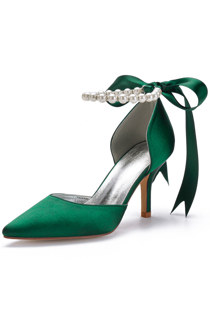 Escarpin vert émeraude bride perlé avec ruban de noeud papillon