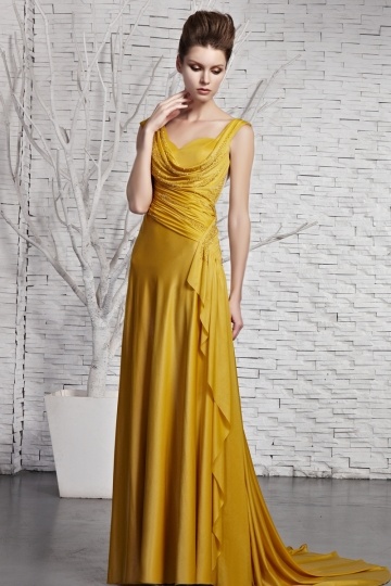 Robe dorée col drapé ligne-A en satin soyeux ruchée