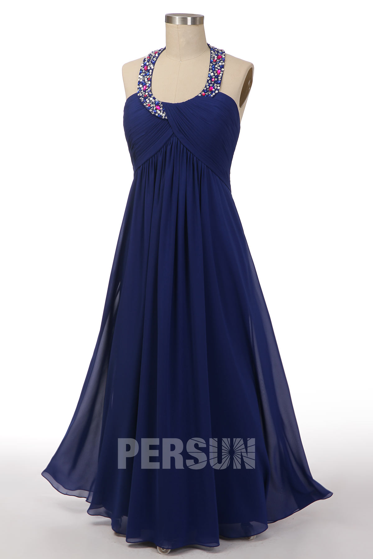 Robe bleue longue élégante empire strass