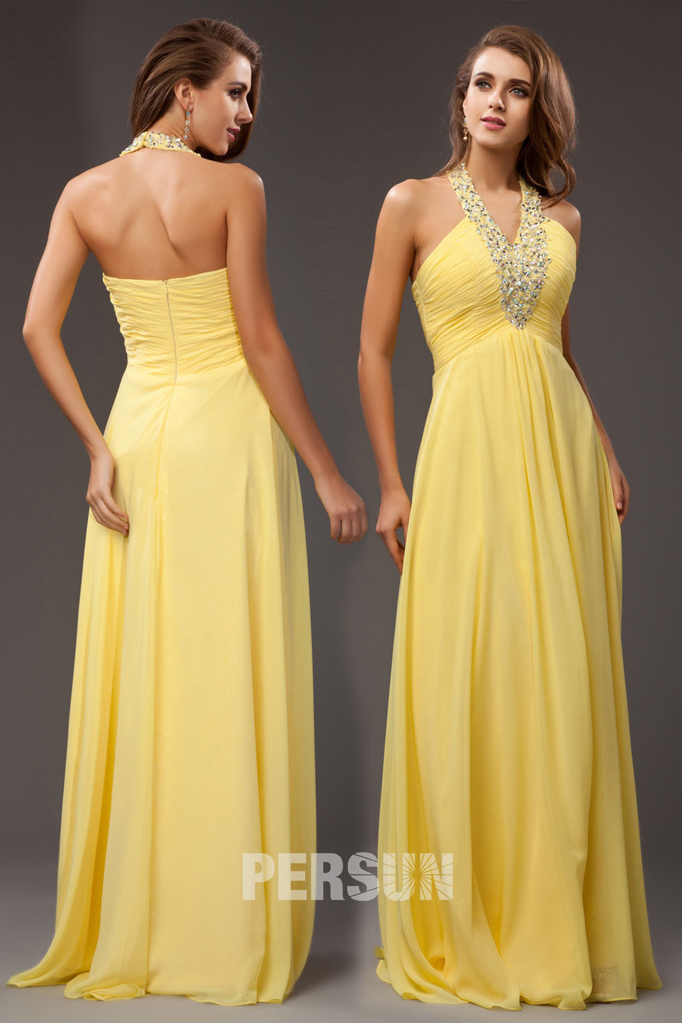 robe de soirée longue jaune empire col halter embelli de strass plissé