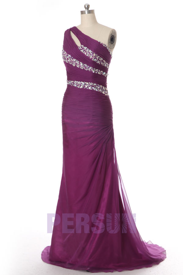 robe de soirée longue moulante violette asymétrique bustier plissé embelli de strass 