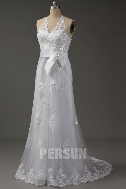 Robe de mariée halter appliqué de dentelle sequin à ourlet feston