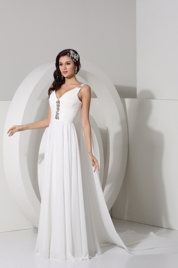 Robe mariée ornée de strass Col V Ligne A avec bretelle