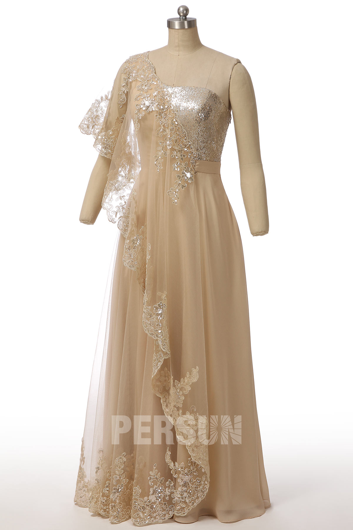 robe de soirée champagne asymétrique appliquée de dentelle et de sequins