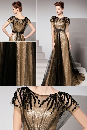 robe de soirée noire et dorée élégante ornée de rhinestones