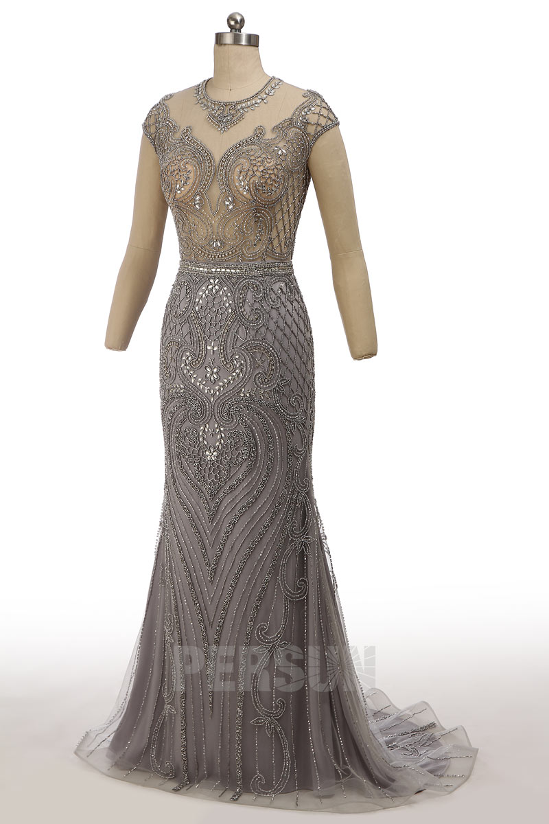 robe soirée brodé gris argenté à coupe fourreau