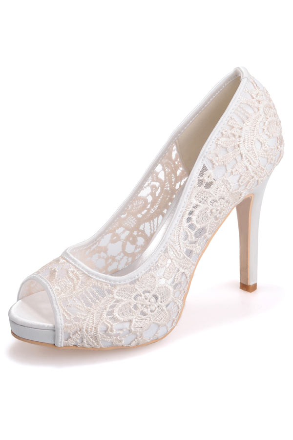 Escarpin de mariage bout ouvert en dentelle guipure ivoire