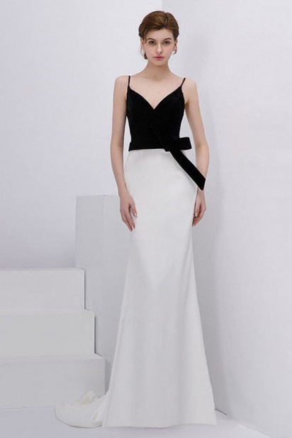 robe de soirée blanche et noire col en V 2019