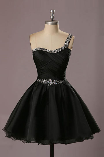Robe de bal courte asymétrique noire ornée de strass à jupe évasée