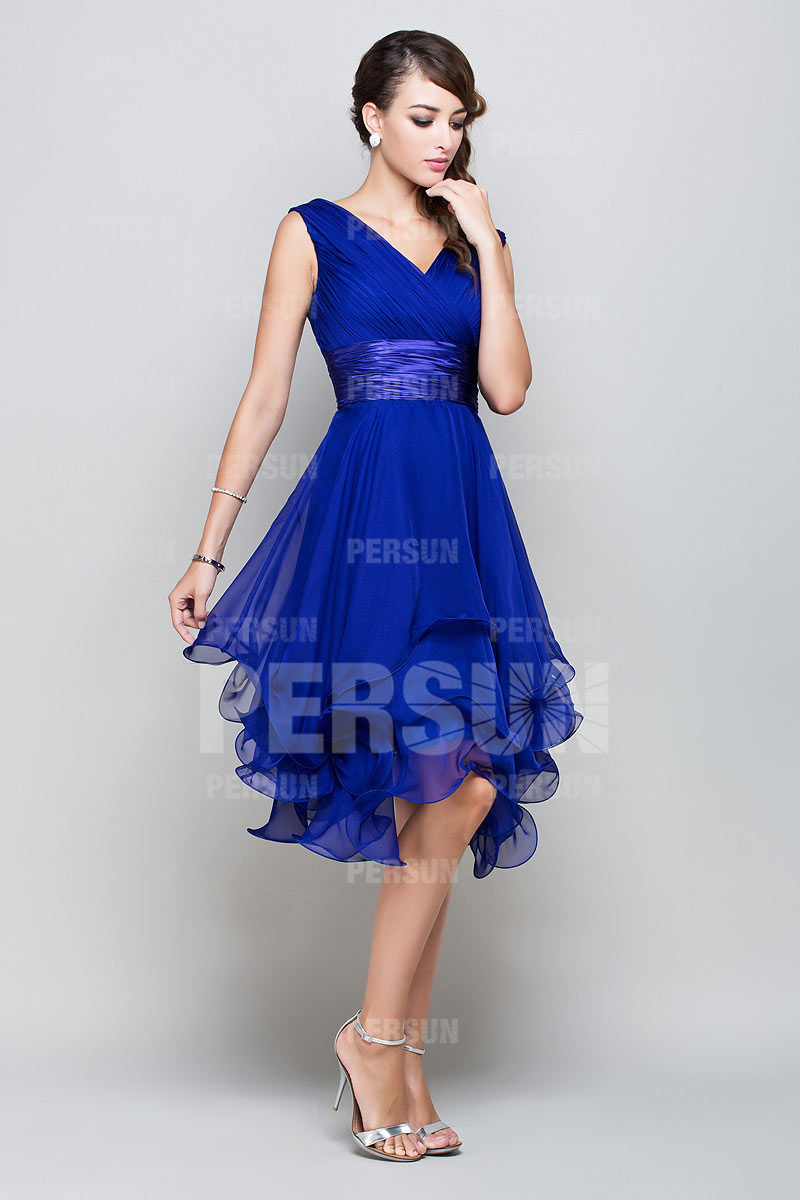 robe bleu royal courte décolleté en V de ligne A mignonne pour femme 
