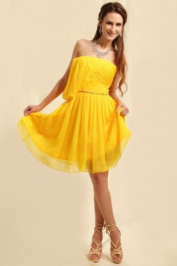 robe de cocktail jaune courte bustier plissé