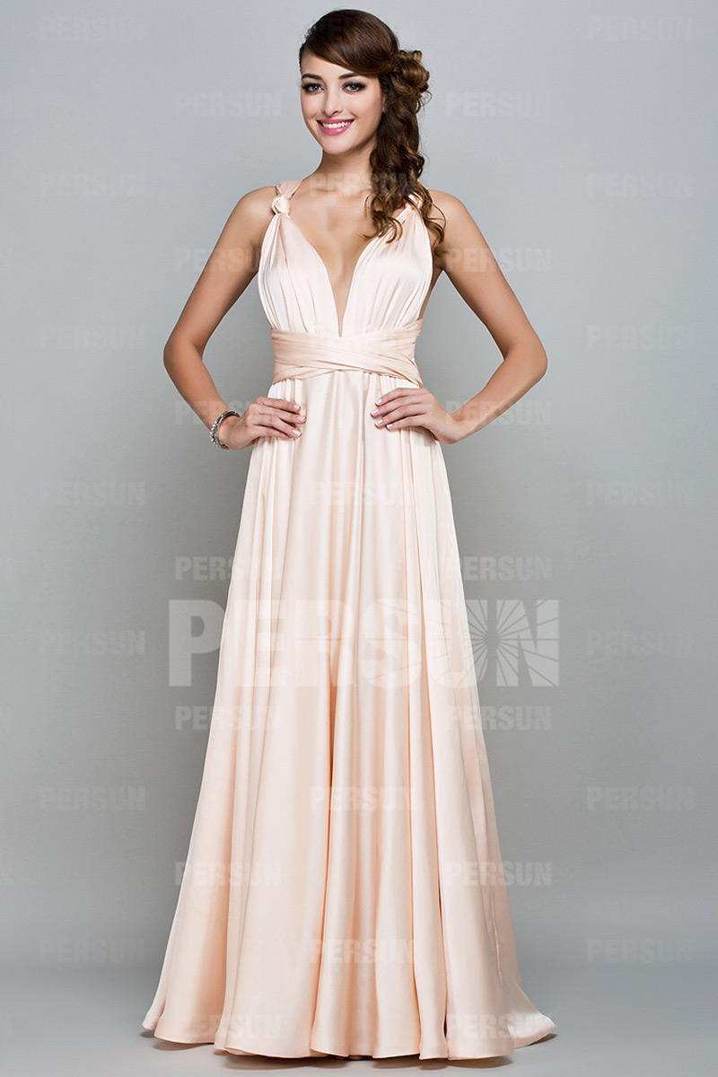 robe de soirée rose longue décolleté en V plongeant sexy en ligne A 