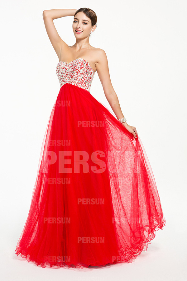 Robe gala rouge longue bustier coeur à paillettes