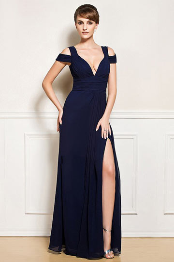 robe de cocktail sexy longue fendue col décolleté en V pour femme ronde