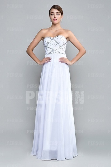 robe de cocktail blanche longue bustier coeur embelli de strass