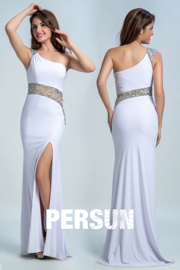 Robe longue blanche ornée de strass asymétrique sirène & fendue 