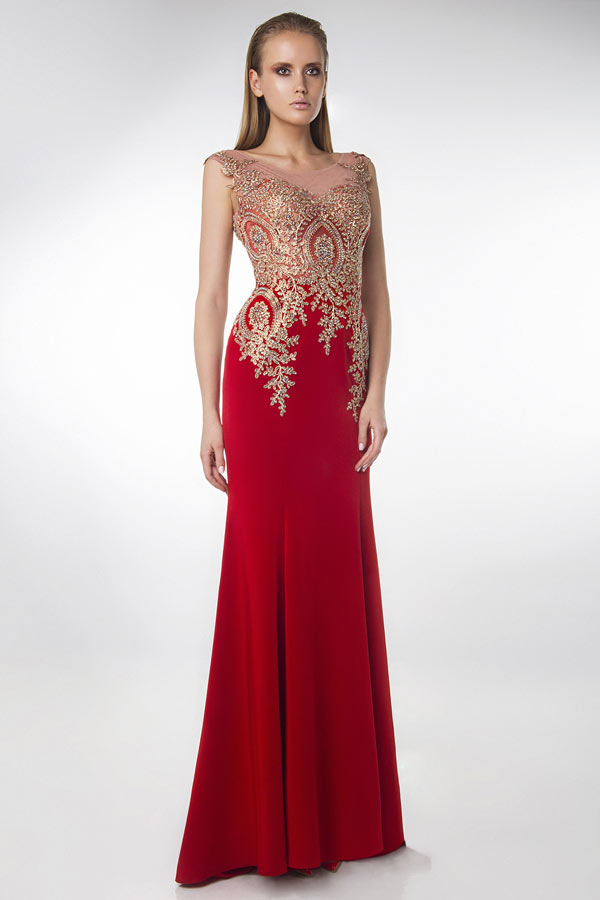 Robe pour soirée rouge col rond illusion