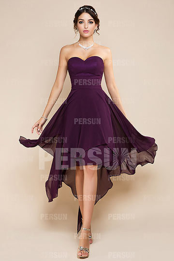 Robe soirée violette courte devant longue derrière bustier cœur