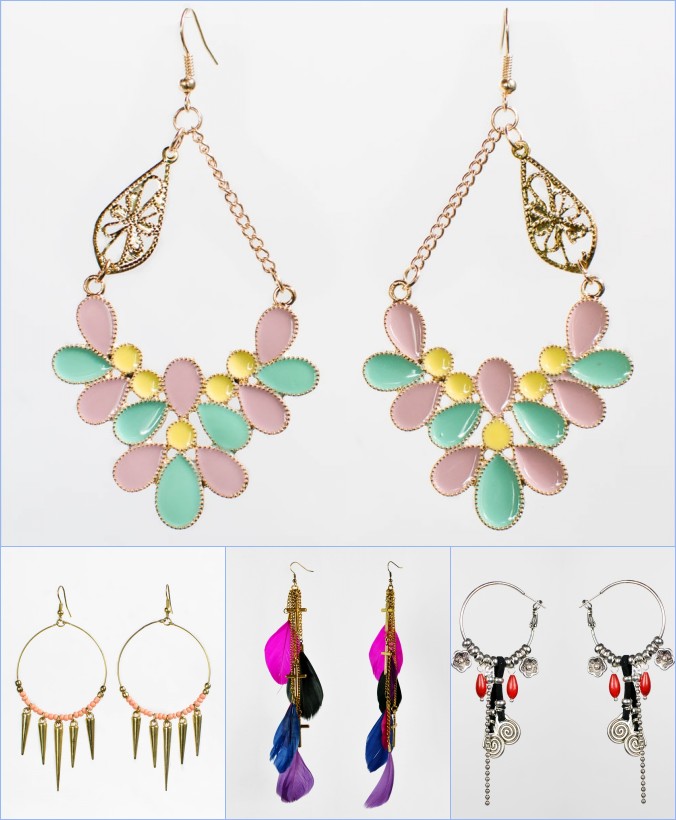 tendance 2014 boucles d'oreilles fantaisie couleur pastel et dorée à plume