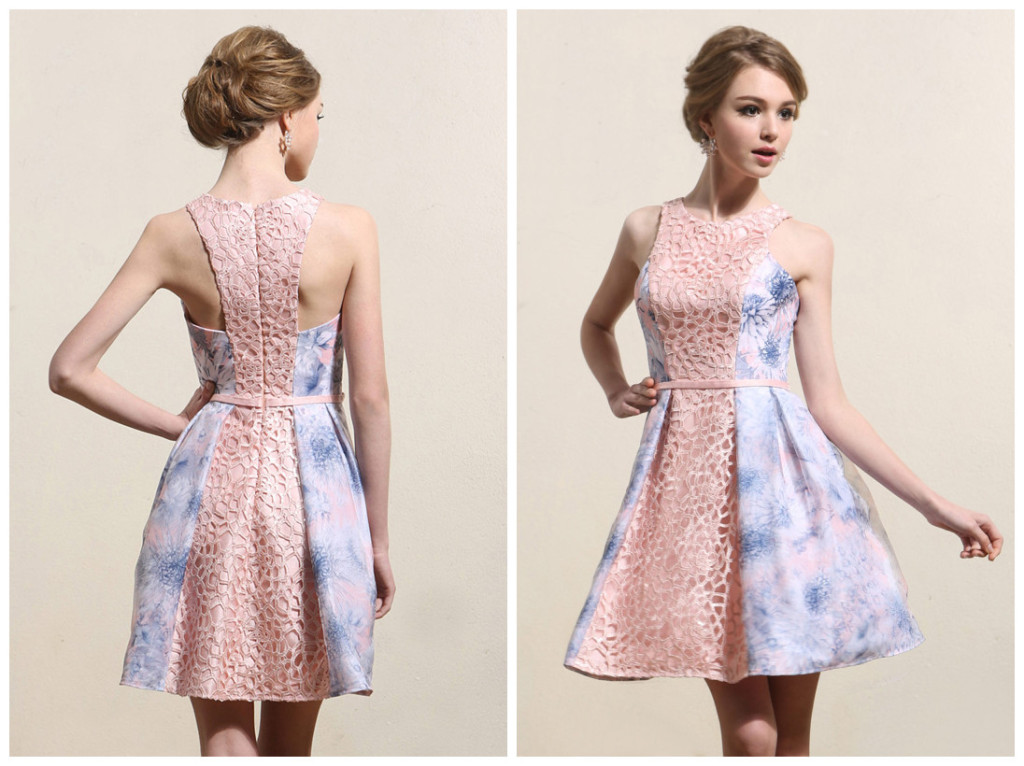 Robe de bal courte bicolore en dentelle & tissu imprimé fleur_