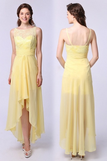 Robe jaune court devant long derrière bustier dentelle pour mariage